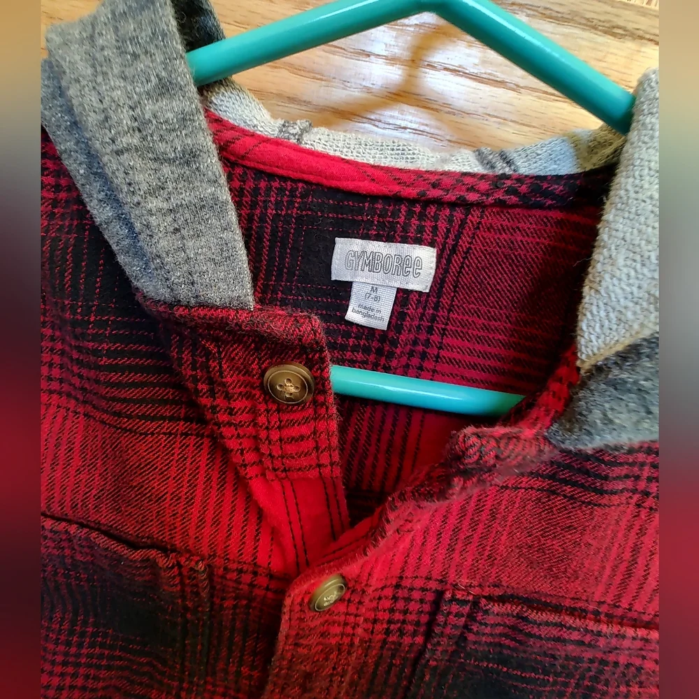 Gymboree Boys M Red and Black Plaid Hooded Flannel